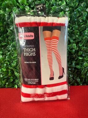 NWT Ladies Sexy Red and White Striped Costume Thigh Highs Halloween Cosplay Gift